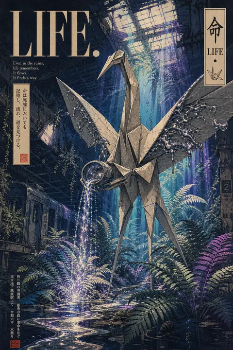 Premium editorial campaign image of a sentient origami paper crane towering like - AI生成图片 2