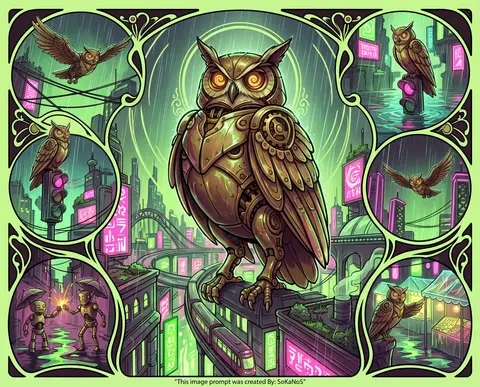 A mischievous clockwork owl posed as the towering centerpiece of a 3:4 art nouve - AI生成图片 2