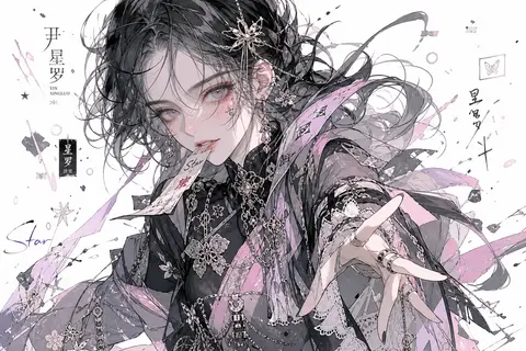 韩风人物插图，塑造一位令人过目难忘的原创角色“尹星罗”——半身构图，身体微微前倾并带有充满张力的动态姿势，展现自然、生动且极具感染力的面部表情。角色服装设计繁复 - AI生成图片 2