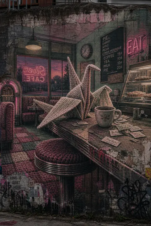 A living origami crane perched on a chrome-topped diner stool, delicately foldin - AI生成图片 3