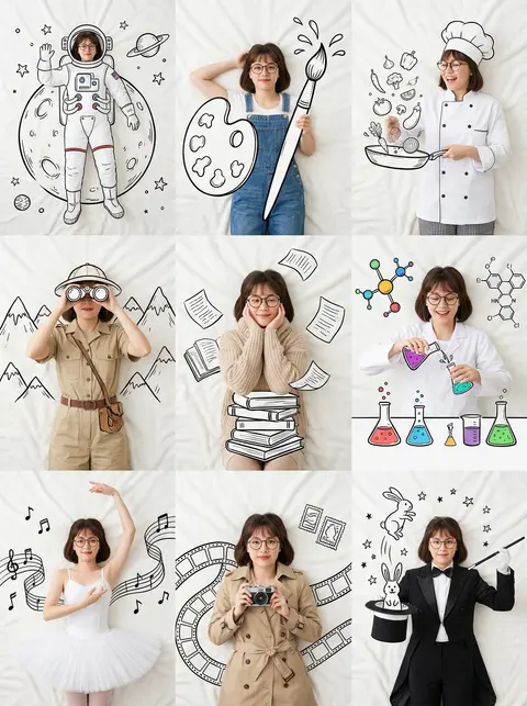 A professional 3×3 collage featuring the same beautiful young woman photographed - AI生成图片 1