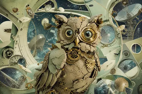 surrealist photo collage of a clockwork owl assembled from wet clay fragments an - AI生成图片 1