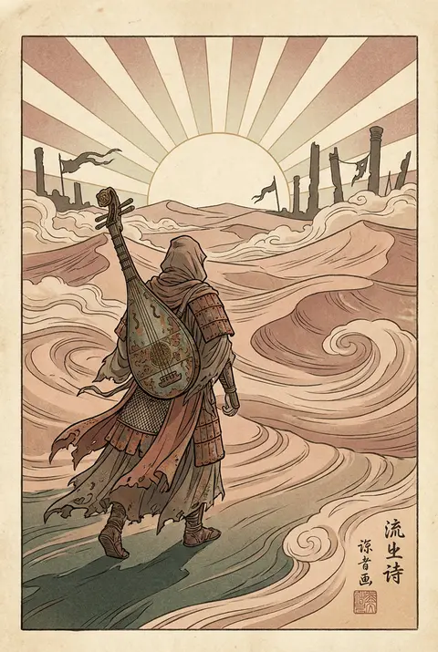A lone itinerant lute-player strides across towering dunes at first light, rende - AI生成图片 3