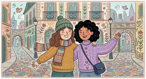 Transform this photo into a whimsical folk flat illustration with doodle element - AI生成图片 1