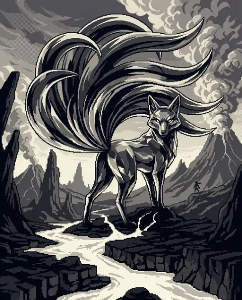 Epic 16-bit pixel art of a mythical nine-tailed fox spirit forged from polished - AI生成图片 2