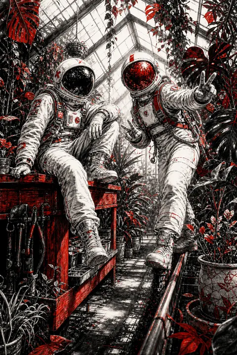 Two twin astronaut explorers with mismatched visors and playful body language lo - AI生成图片 2