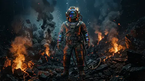 A full-body deep-sea diver in a lacquered-wood pressure suit, submerged within a - AI生成图片 3