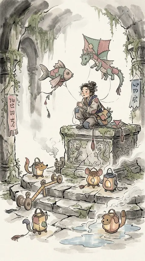 A playful, whimsical composition in traditional ink wash painting style: a young - AI生成图片 2