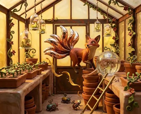 A mythic nine-tailed fox spirit drifts through a sunlit greenhouse of glazed ter - AI生成图片 1