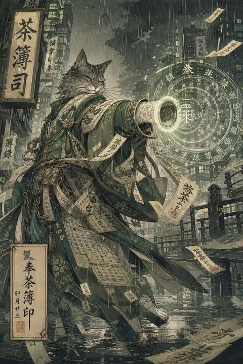 MOBA hero splash art of an enigmatic tea-house cat support-caster, a lean long-w - AI生成图片 1
