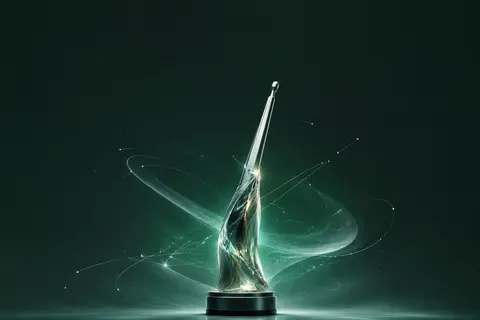 一张备受推崇的数字艺术奖杯封面主视觉，核心主体是一座名为“Lumina Arc Trophy”的风格化抽象发光奖杯，将极简现代的触控笔轮廓与优雅修长的晶体杯身结 - AI生成图片 1