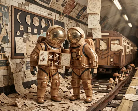 Two twin astronaut explorers with bubble helmets and mischievous body language s - AI生成图片 3