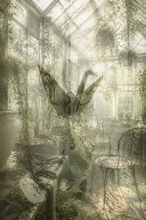 a living origami paper crane animated by quiet longing, perched among climbing v - AI生成图片 1