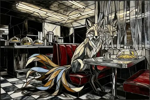 A tense cinematic portrait of a mythical nine-tailed fox spirit seated alone in - AI生成图片 1