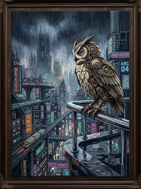 A clockwork owl poised on a rain-slick chrome balcony above a sprawling neon meg - AI生成图片 3