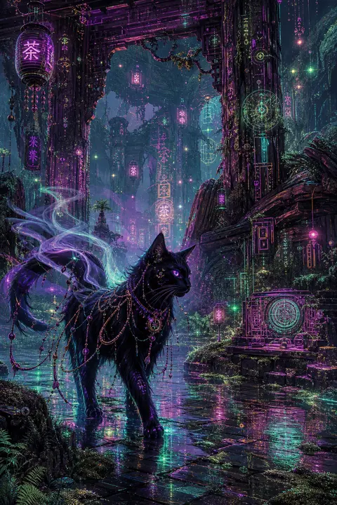 A lithe long-haired tea-house cat drifts through ancient temple ruins swallowed - AI生成图片 2