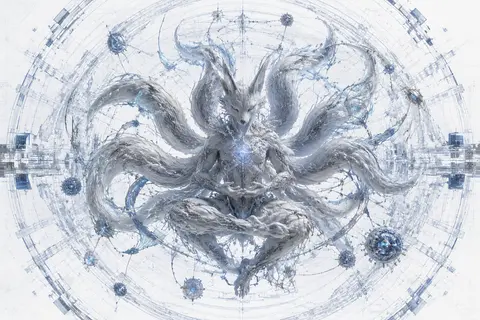 mythical nine-tailed fox spirit suspended in the central hub of an orbital space - AI生成图片 2