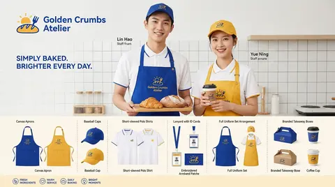 品牌 VI 工装版式展板，烘焙店 `Golden Crumbs Atelier` 全套视觉物料展示，明亮克莱因蓝 + 暖蜂蜜黄撞色主色调，干净 ins 风商业品 - AI生成图片 1