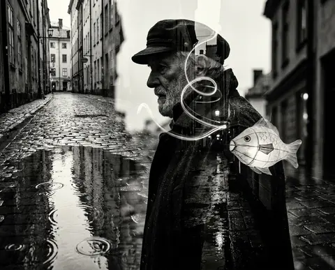 Monochrome charcoal-and-bone-white double-exposure editorial portrait of an elde - AI生成图片 1
