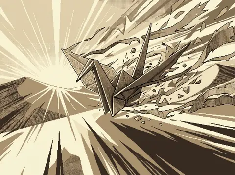 Vertical 9:16 poster, a sentient origami paper crane mid-whirl in a windswept da - AI生成图片 3