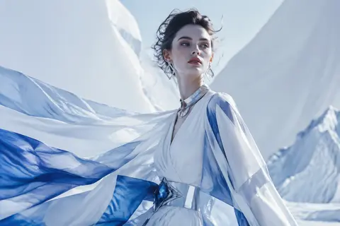A cinematic white-and-blue themed portrait of a fictional high-fashion muse, Ela - AI生成图片 2