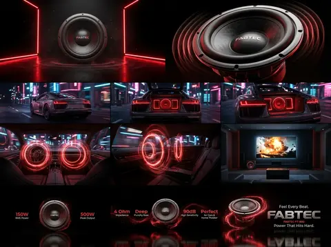 Create an ultra-realistic 3D commercial for the FABTEC FT-800 8-inch Car Subwoof - AI生成图片 2