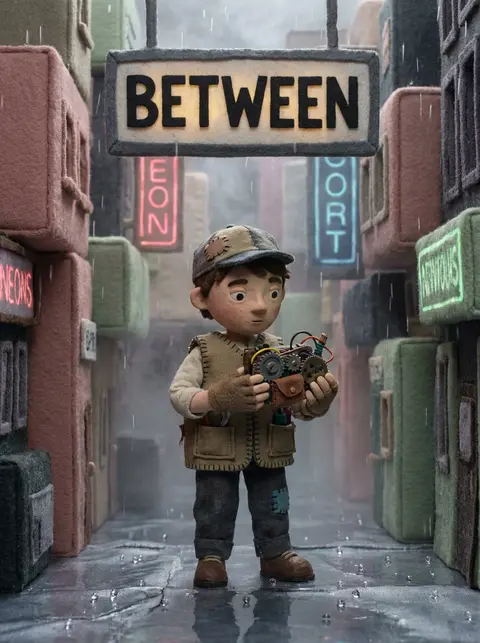 A young tinkering inventor stands under flickering transit signage in a rain-soa - AI生成图片 1