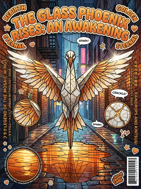 竖版 3:4，单张海报式拼贴，stained-glass mosaic editorial，雨夜后巷场景，地面积水映出 warm sunset orange g - AI生成图片 2
