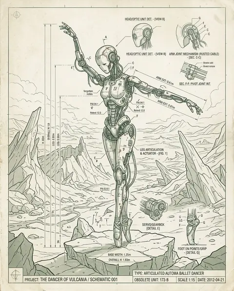 An emotionally charged blueprint schematic of a robotic ballet dancer standing a - AI生成图片 4