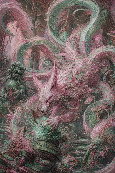 mythic nine-tailed fox spirit erupting through ancient moss-covered temple ruins - AI生成图片 1