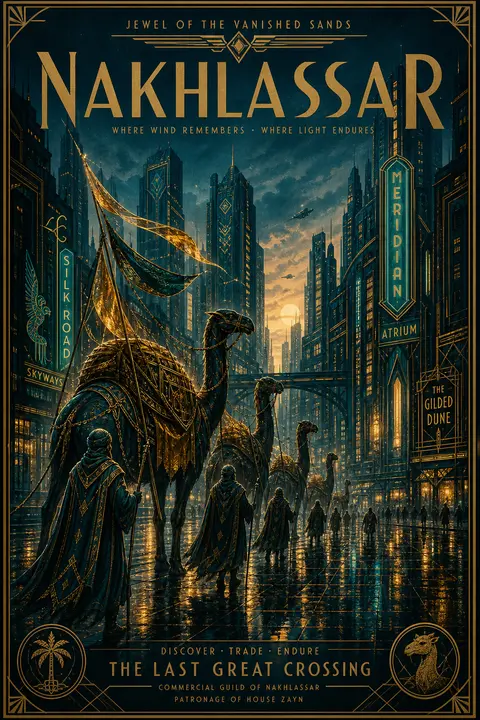 A rain-slick neon metropolis at twilight, rendered as an art deco travel poster - AI生成图片 2