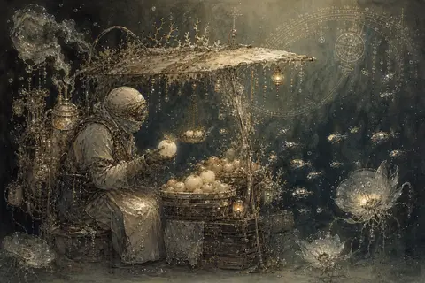 watercolor storybook illustration of a solitary fruit vendor drifting through a - AI生成图片 1