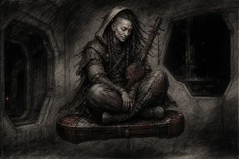 charcoal sketch of a wandering street musician alone in a quiet orbital station - AI生成图片 2