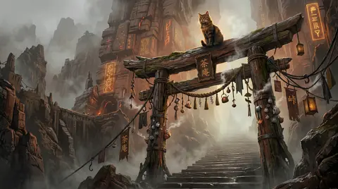 A tea-house cat perched like an ancient sentinel atop a colossal weathered drift - AI生成图片 2