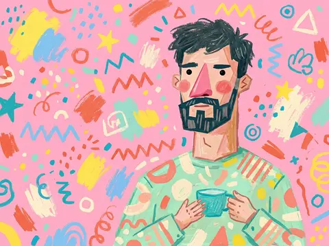 Whimsical hand-painted editorial illustration of a bearded man with messy dark h - AI生成图片 3