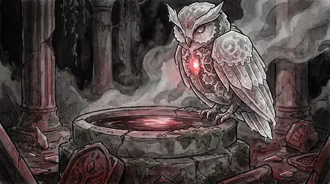 a clockwork owl perched beside a shallow basin of dark water in ancient moss-cov - AI生成图片 2