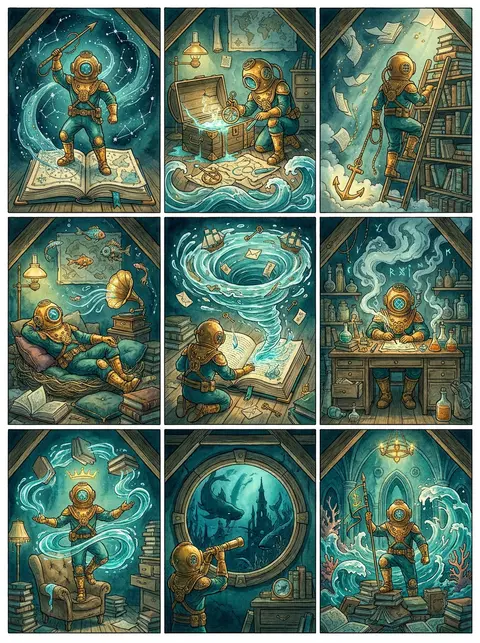 A monumental 3×3 tableau of the same deep-sea diver recurring across all nine pa - AI生成图片 2
