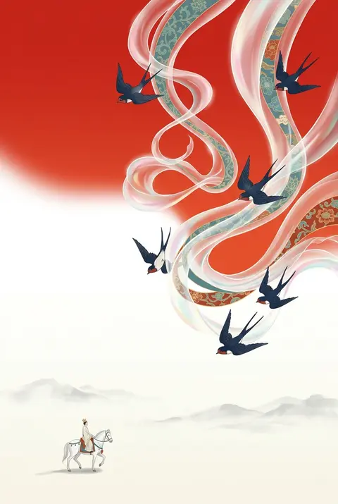 9:16 竖版，新中式东方美学极简插画，敦煌壁画与现代国潮视觉融合，东方古典丝路意境海报。画面以高饱和朱砂红、赤红渐变背景为主，上半部与左侧保留大面积纯净留白， - AI生成图片 2