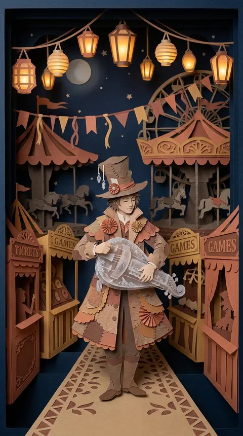A solitary wandering street musician stands beneath midnight carnival lanterns, - AI生成图片 2