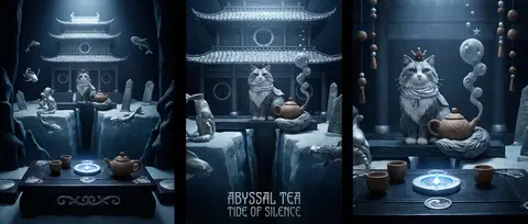 竖版 2:3，定格动画黏土质感的史诗级深海奇观：漆黑无光的海沟中央矗立一座巨型漆木茶屋，建筑像沉入海底的古代王座，层层飞檐、厚重梁柱与圆形观景窗覆盖银色贝壳纹理 - AI生成图片 3