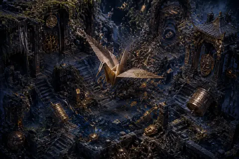 Isometric miniature scene of a living origami paper crane whipping through ancie - AI生成图片 3