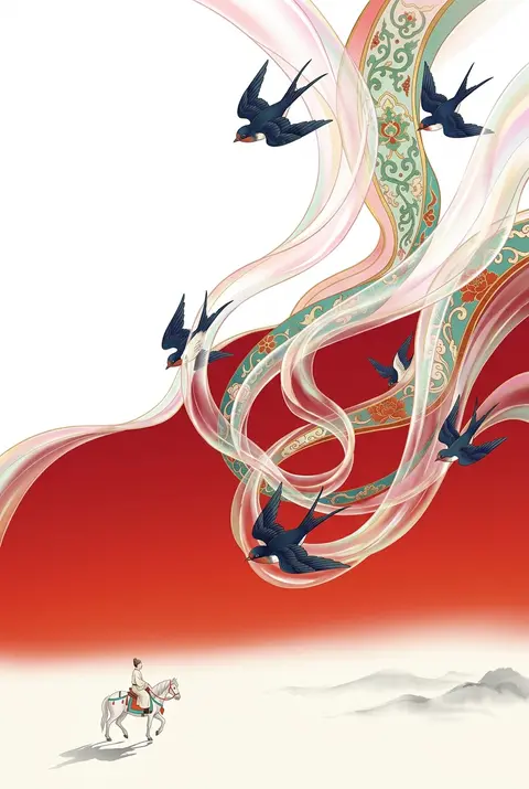 9:16 竖版，新中式东方美学极简插画，敦煌壁画与现代国潮视觉融合，东方古典丝路意境海报。画面以高饱和朱砂红、赤红渐变背景为主，上半部与左侧保留大面积纯净留白， - AI生成图片 4