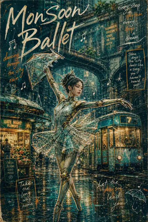 a robotic ballet dancer poised beneath towering transit arches in a rain-soaked - AI生成图片 2