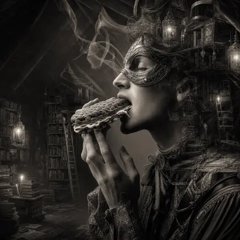 a masked carnival acrobat in a cozy cluttered attic library, caught mid-first bi - AI生成图片 1