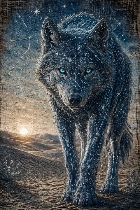 An intimate close-up of a wolf formed from constellations, stitched in embroider - AI生成图片 3