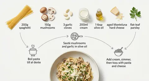 Minimal top-down recipe infographic on a clean white background for creamy garli - AI生成图片 2