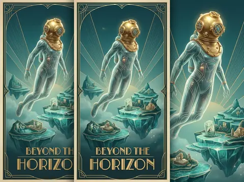 A vertical 9:16 art deco travel poster featuring a deep-sea diver suspended abov - AI生成图片 2