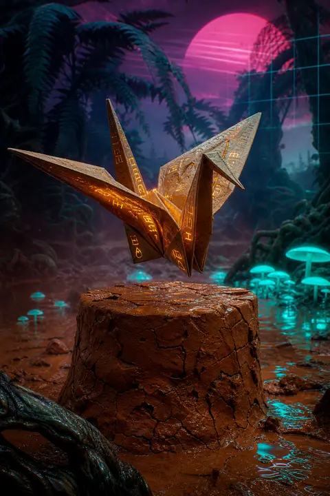 An origami paper crane come alive, hovering inches above a cracked wet-clay pede - AI生成图片 2