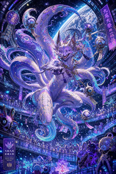 Vertical 9:16 poster, a mythical nine-tailed fox spirit mid-leap inside a vast o - AI生成图片 1