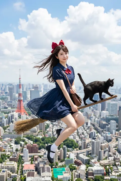 空の便、リアルな実写合成風ファンタジーフォト。縦長2:3、明るい夏の都心上空を舞う若い女性魔女と黒猫を、やや広角・近距離・少し見下ろす視点で捉えたダイナミックな - AI生成图片 2